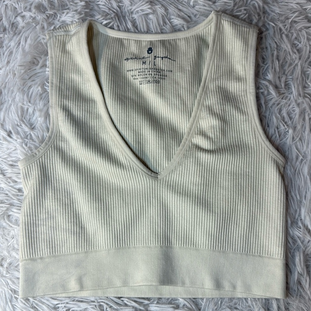 NWOT Spiritual Gangster Metta Plunge Brami Ribbed V Neck Crop Top cream Med/LG